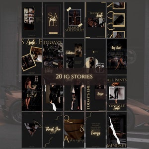 May include: A collage of 20 Instagram story templates with a black background and gold accents. The templates feature text such as "Sale", "Shop the Look", "Today's Energy", "All Pants", "Thank You 20K", and "Mindset".