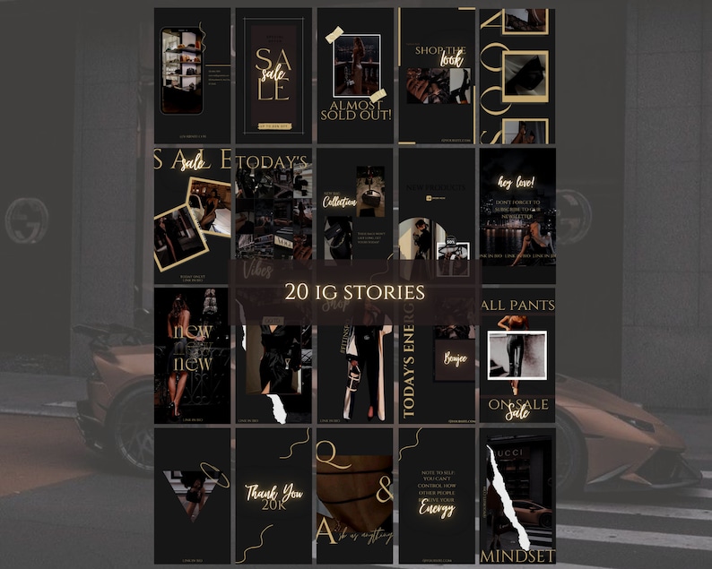 May include: A collage of 20 Instagram story templates with a black background and gold accents. The templates feature text such as "Sale", "Shop the Look", "Today's Energy", "All Pants", "Thank You 20K", and "Mindset".