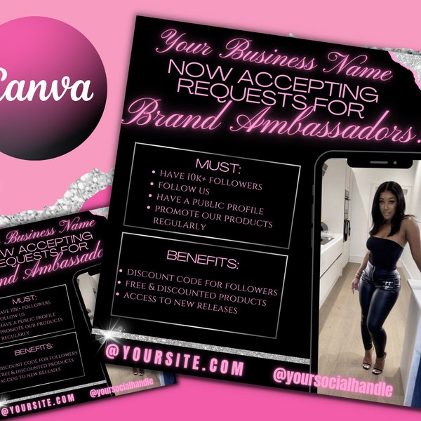 Brand Ambassador Flyer| Boutique Social Media Flyer Template| Instagram Post Template| Black and Pink Glam| Hair Store, Wigs, Clothing