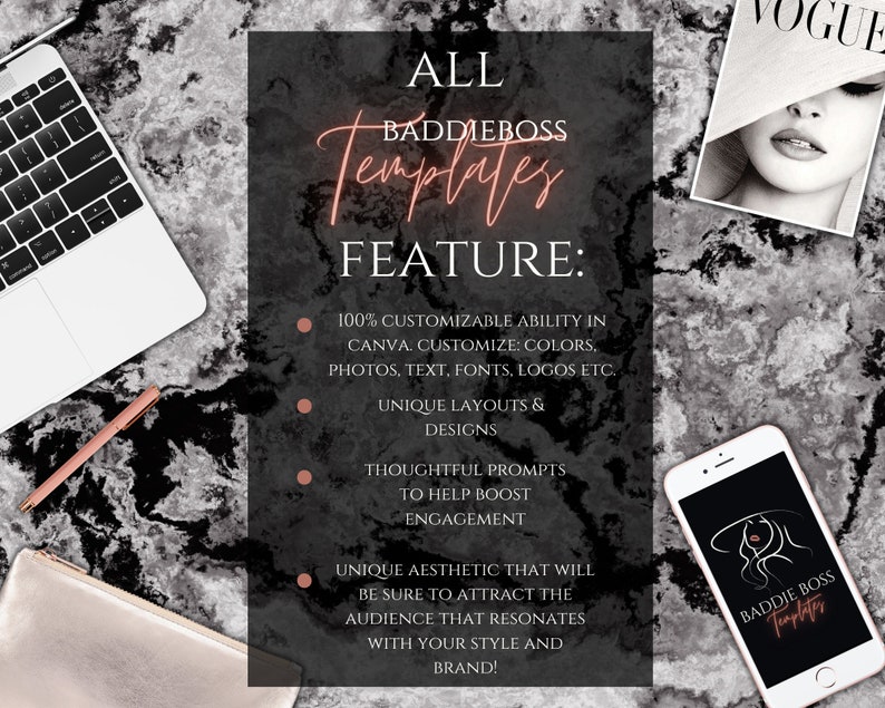 Op de afbeelding: Een digitale marketingafbeelding met de tekst "ALL BADDIEBOSS Templates FEATURE:" en een lijst met functies, waaronder 100% aanpasbaarheid in Canva, unieke lay-outs en ontwerpen, doordachte prompts om betrokkenheid te stimuleren en een unieke esthetiek die het publiek zal aantrekken. De afbeelding bevat ook een smartphone met een zwart scherm waarop een logo voor "BADDIEBOSS Templates" wordt weergegeven.