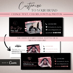 May include: Two business card designs with black backgrounds and pink accents. The first card features a woman in a black dress and heels, with the text "Miss Jay's Online Clothing Boutique". The second card features a woman wearing headphones, with the text "Wilhelmina Wilhelmina Jay Influencer & Business Coach". Both cards include contact information, including a phone number, address, website, and social media handles.