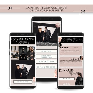 May include: Three mobile phone screens with a pink and black color scheme. The first screen shows a black and white photo of a woman wearing a black leather jacket and a black dress. The second screen shows a black and white photo of a woman wearing a black leather jacket and a black dress. The third screen shows a black and white photo of a woman wearing a black leather jacket and a black dress. The text on the screens reads "Check Out Our New Collection", "Hello Gorgeous", and "Customer Reviews".