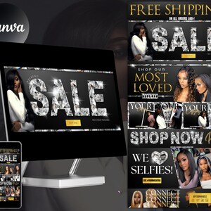 May include: A black and gold digital ad with the text "FREE SHIPPING ON ALL ORDERS £60+" and "SALE" in large, diamond-encrusted letters. The ad also features images of women wearing hair extensions and the text "SHOP OUR MOST LOVED", "YOUR OUR YOUR YOUR", "SHOP NOW Pay Later", "WE SELFIES!" and "CONNECT CONNECT CONNECT".