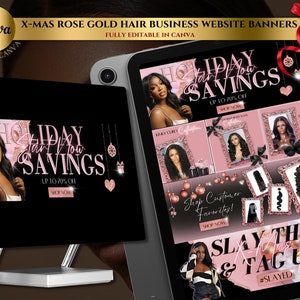 DIY Hair Website Christmas Banner Kit| Rose Gold Shopify Wix Hair Extensions or Wig Store Design| Website Design Templates Set| Canva| Store