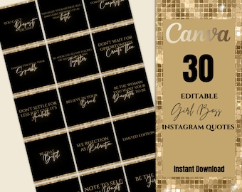 30 Instagram Quote Templates| Girl Boss Motivational Posts| Black and Gold Instagram Feed Canva Templates| Social Media Branding| Ig Bundle