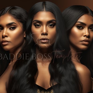May include: Three women with long black hair and dark skin tones pose for a portrait. They are wearing black tops and have similar makeup.