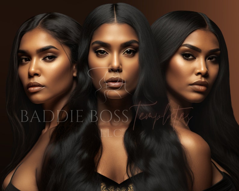 May include: Three women with long black hair and dark skin tones pose for a portrait. They are wearing black tops and have similar makeup.