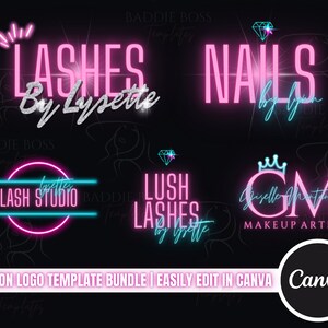 Bundle med mallar för neonlogotyper | Logotypdesign för skönhetsföretag för frisör, nageltekniker, peruker, skönhetsbarer, salonger, PMU, kroppskonturer och fransar bild 1