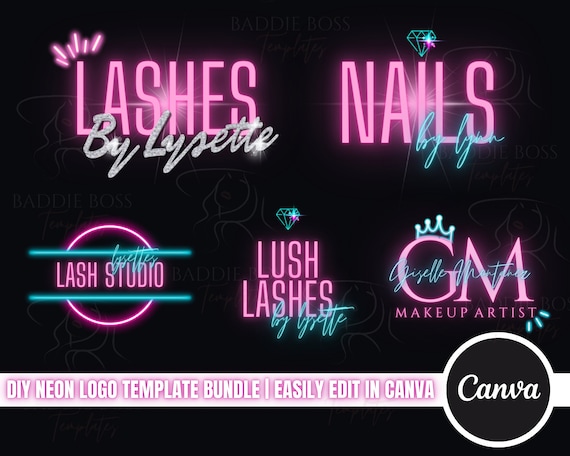 DIY Neon Logo Templates Bundle| Beauty Business Logo Design for Hairstylist, Nail Tech, Wig, Beauty Bar, Salon, PMU, Body Contour, Lashes