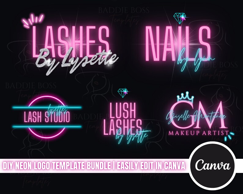 Bundle med mallar för neonlogotyper | Logotypdesign för skönhetsföretag för frisör, nageltekniker, peruker, skönhetsbarer, salonger, PMU, kroppskonturer och fransar bild 1