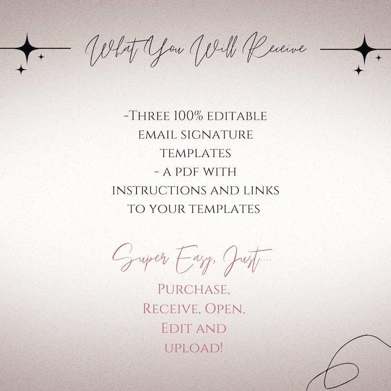 May include: Text graphic on a beige background with black stars and a black line. The text reads "What You Will Receive" and lists three 100% editable email signature templates and a PDF with instructions and links to the templates. The text "Super Easy, Just" is written in pink cursive. Below that, the text "PURCHASE, RECEIVE, OPEN, EDIT AND UPLOAD!" is written in black.