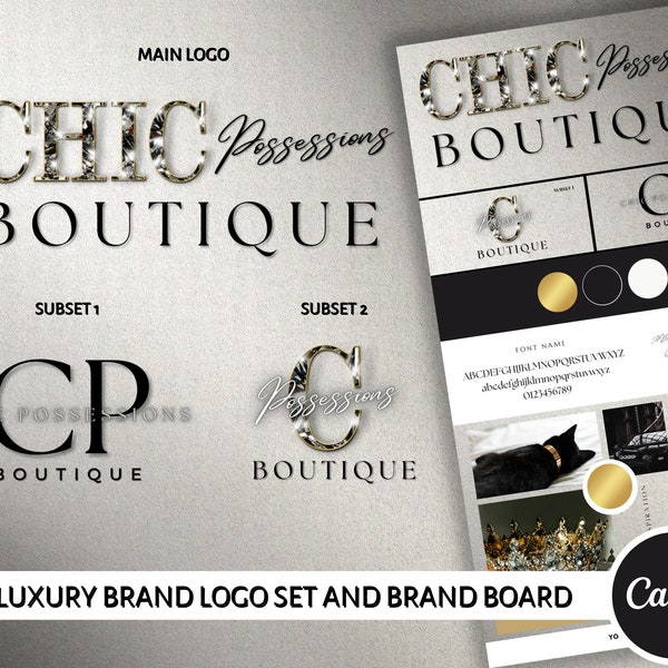 DIY Luxury Brand Logo Set Templates| Lux Brand Diamond Black Logo Design and Brand Board for Clothing Boutique| Any Retail, Beauty Business