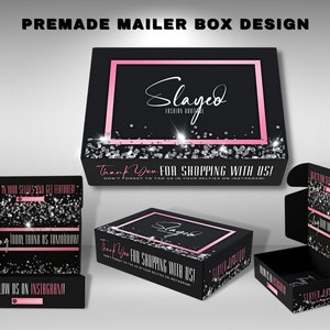 May include: Black mailer box design with pink accents. The box features the text "Slayed Fashion Boutique" and "Thank You For Shopping With Us!" along with social media handles. The design includes glitter and a pink border.