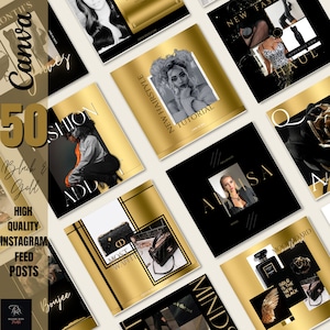 50 Instagram Post Templates| Black and Gold Social Media Marketing Canva Templates| Luxury Fashion Beauty Blogger| Influencer or Business