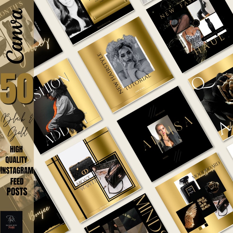 50 Instagram Post Templates| Black and Gold Social Media Marketing ...