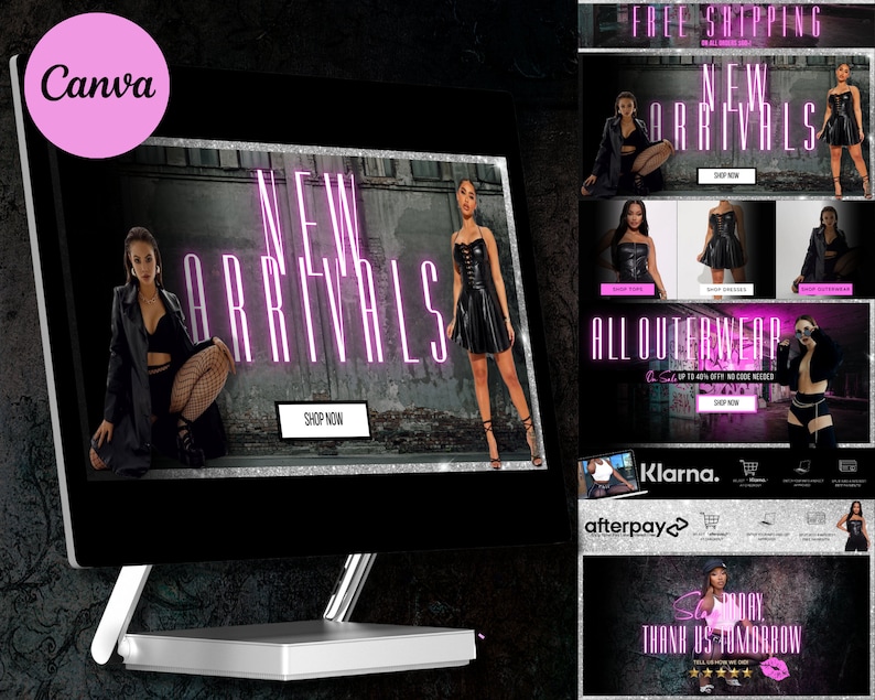 May include: A computer screen displaying a website with a pink neon sign that says "New Arrivals" and a model wearing a black leather skirt and top. The website also features a banner that says "All Outerwear" and a banner that says "Free Shipping".
