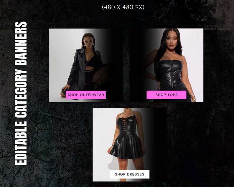 May include: Three banner images featuring models wearing black leather clothing. The first banner shows a model wearing a black leather jacket, the second banner shows a model wearing a black leather top, and the third banner shows a model wearing a black leather dress. Each banner has a pink button with text that says "Shop Outerwear", "Shop Tops", and "Shop Dresses".
