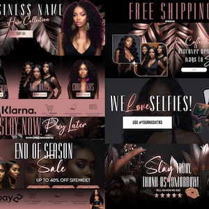 DIY Hair Website Banner Kit| Shopify  Hair Extensions or Wig Boutique Store Design| Website Design Templates | Canva| Rose Gold Tropical