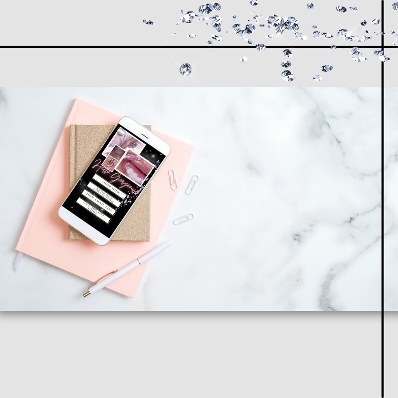 May include: A white smartphone displaying a mobile website with a black background and pink and white text. The text reads "Hire Gorgeous!" and includes a list of services: "Lash Now", "Lash Lift", "Lash Extensions", "Brow Wax", "Brow Tint", "Microblading", "Waxing". The phone is on top of two notebooks, one pink and one gold.