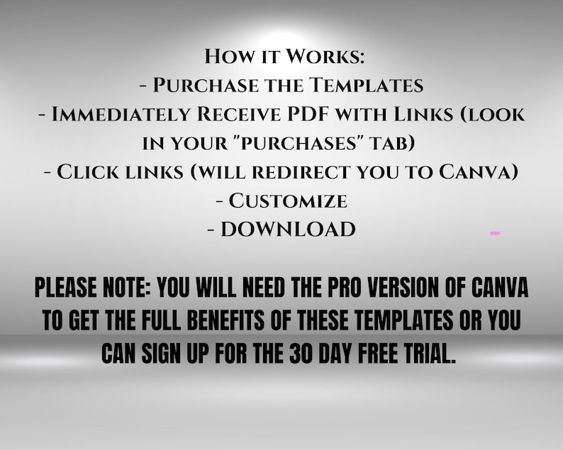 May include: Text explaining how to use Canva templates.  It says to purchase the templates, then you will receive a PDF with links to Canva.  Click the links to customize and download the templates.  It also notes that you will need the Pro version of Canva to get the full benefits of the templates or you can sign up for a 30-day free trial.