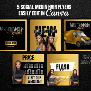 DIY Hair Flyer Bundle| Gold and Black Brand Social Media Flyers for Hair Boutique or Wig Store| Instagram Marketing Templates| Extensions