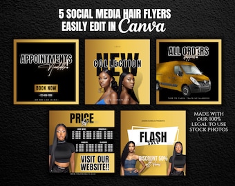 DIY Hair Flyer Bundle| Gold and Black Brand Social Media Flyers for Hair Boutique or Wig Store| Instagram Marketing Templates| Extensions