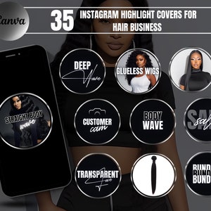 Instagram Highlight Covers for Hair Business| Black, White and Silver Story Icons| DIY Canva Templates| Extensions Wig Store| Ig