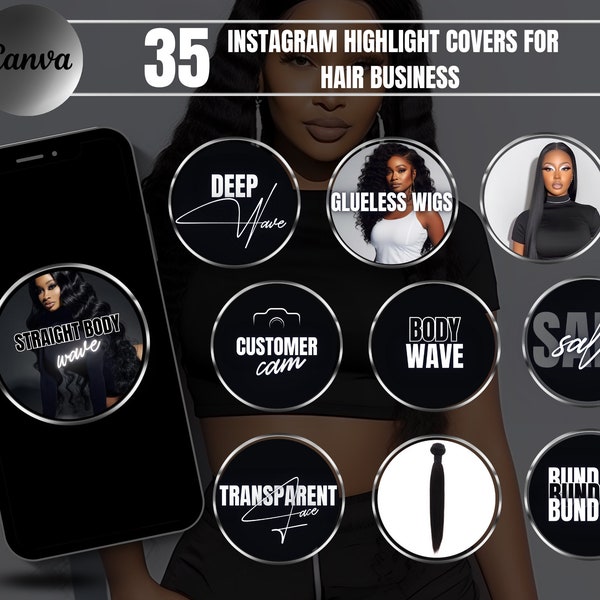 Instagram Highlight Covers für Hair Business | Schwarz, Weiß und Silber Story Icons| DIY Canva Vorlagen | Erweiterungen Perückenladen| Ig