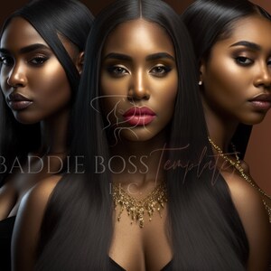 May include: Three women with long black hair, wearing gold necklaces and black clothing, pose for a portrait. The women have dark skin and are wearing makeup. The background is a brown color.