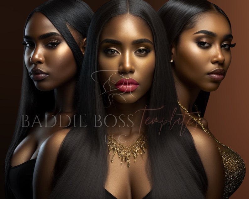 May include: Three women with long black hair, wearing gold necklaces and black clothing, pose for a portrait. The women have dark skin and are wearing makeup. The background is a brown color.