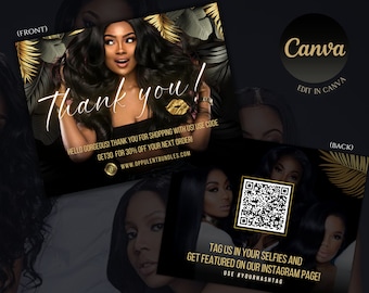 May include: A black and gold thank you card featuring a woman with long black hair. The card reads "Thank you!" and "Hello Gorgeous! Thank you for shopping with us! Use code GET30 for 30% off your next order! www.oppulentbundles.com". The reverse of the card has a QR code and the text "Tag us in your selfies and get featured on our Instagram page! Use #yourhashtag".