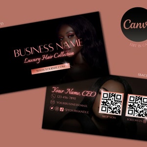 May include: Black and gold business card with a woman's face on the front and contact information on the back. The text on the front reads "BUSINESS NAME Luxury Hair Collection WWW.YOURSITE.COM". The text on the back reads "Your Name, CEO 123-456-7890 YOURBUSINESSEMAIL YOURHANDLE SHOP NOW FOLLOW US".
