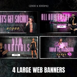 May include: Four web banners with a dark background and pink text. The banners feature models wearing clothing and accessories. The text on the banners includes "Let's Get Social", "All Outerwear", "New Arrivals", and "Shop Today, Thank Us Tomorrow".