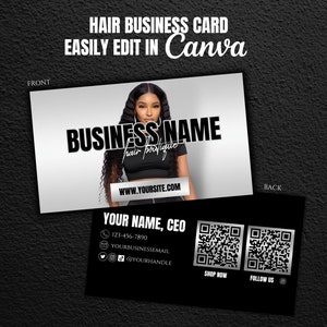 Business Card Template for Hair Extensions or Wig Store Boutique| Black, White and Silver| DIY Edit in Canva| Printable| Add QR Code