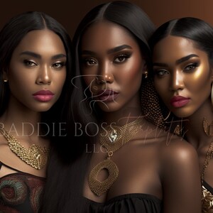 May include: Three women with dark brown skin and long black hair are wearing gold jewelry. The woman in the middle is wearing a gold necklace with a large pendant. The woman on the left is wearing a gold necklace with a heart-shaped pendant. The woman on the right is wearing a gold necklace with a large hoop earring. The text "BADDIE BOSS EMPIRATS LLC" is visible in the image.