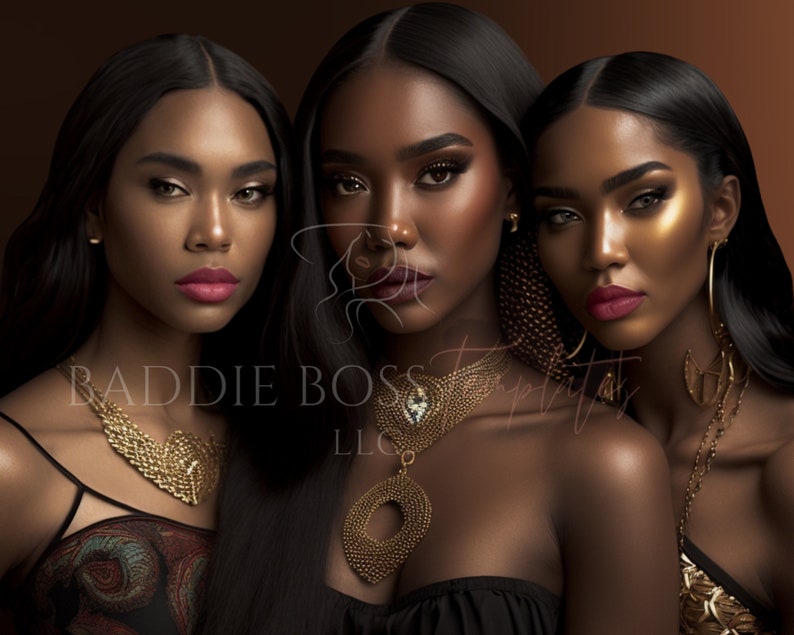 May include: Three women with dark brown skin and long black hair are wearing gold jewelry. The woman in the middle is wearing a gold necklace with a large pendant. The woman on the left is wearing a gold necklace with a heart-shaped pendant. The woman on the right is wearing a gold necklace with a large hoop earring. The text "BADDIE BOSS EMPIRATS LLC" is visible in the image.