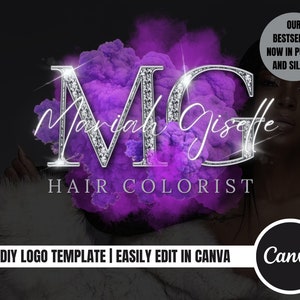 May include: DIY logo template for a hair colorist, featuring the letters "MG" in silver with rhinestones, set against a purple smoke effect. The text "Mariyah Giselle Hair Colorist" is written in white cursive script. The text "DIY LOGO TEMPLATE | EASILY EDIT IN CANVA" is at the bottom of the image. The Canva logo is in the bottom right corner.