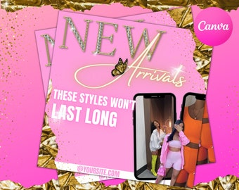 DIY New Arrivals Social Media Flyer| Pink and Gold Editable in Canva| Ecommerce, Instagram Boutique Flyer Template| Beauty Ig Feed Post