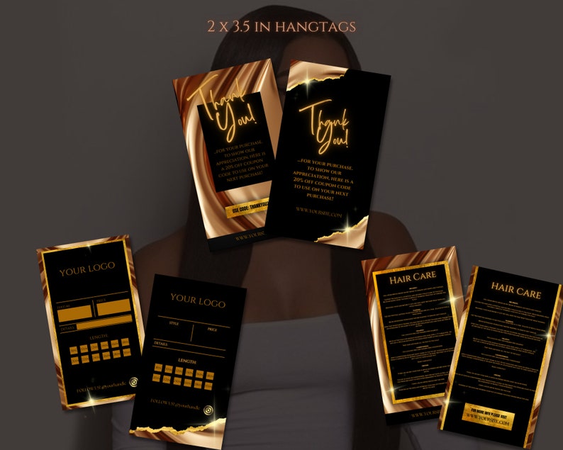 Luxury Hair Branding Kit, Hang Tags and Thank You Card Kit| DIY Canva Templates| Printable Glam Luxury Hair Extensions or Wig Branding image 5