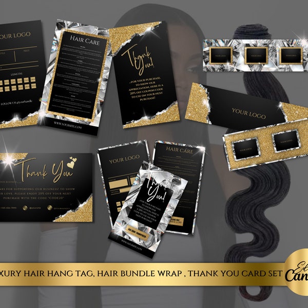 Luxus Schwarz und Gold Haar Bundle Wrap, Hang Tags und Dankeskarte Kit | DIY Vorlagen | Ausdruckbare Glam Hairxtems oder Perücken Branding