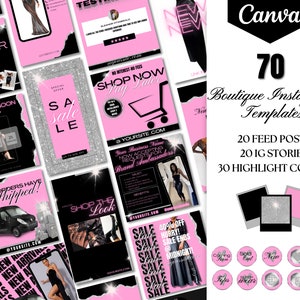Instagram Post Templates| Luxury Glam Social Media Branding Bundle for Clothing Boutique| Pink, Black, Silver| Canva| Ig feed| Stories