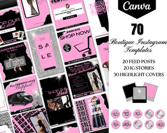May include: A collection of 70 pink and black Instagram templates for boutiques. The templates include feed posts, IG stories, and highlight covers. The text on the templates includes "Shop Now", "Sale", "New Arrivals", and "Launching Soon".