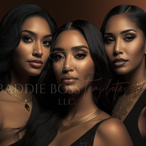 May include: Three women with dark skin and long black hair are wearing gold necklaces and black tops. The women are looking at the camera. The background is a brown gradient.