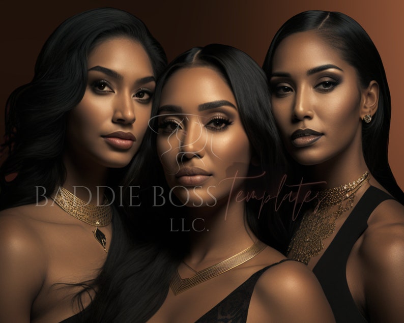 May include: Three women with dark skin and long black hair are wearing gold necklaces and black tops. The women are looking at the camera. The background is a brown gradient.