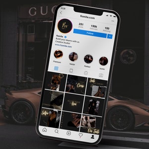 May include: A screenshot of a mobile phone displaying an Instagram profile page. The profile has 251 posts, 150k followers, and 150 following. The profile name is "fionita" and the bio reads "Build your dreams with us. Creative Studio. www.fionita.com". The profile picture is a black and white image of a woman's lips. The profile has a grid of nine images, each with a different design. The images are all black and white with gold accents. The text on the images includes "Coming Soon", "Selfie", "Come", "Sale All Shoes", "All We Have Is Now", and "On Sale".