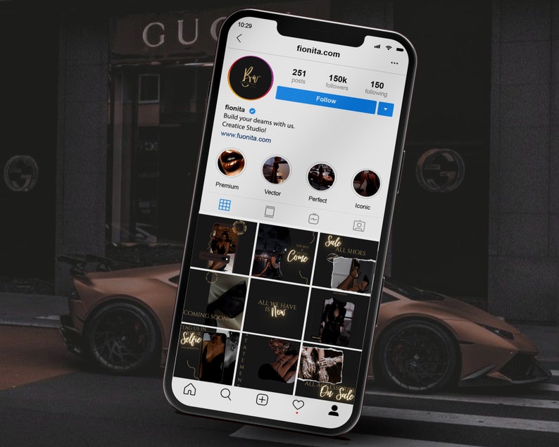 May include: A screenshot of a mobile phone displaying an Instagram profile page. The profile has 251 posts, 150k followers, and 150 following. The profile name is "fionita" and the bio reads "Build your dreams with us. Creative Studio. www.fionita.com". The profile picture is a black and white image of a woman's lips. The profile has a grid of nine images, each with a different design. The images are all black and white with gold accents. The text on the images includes "Coming Soon", "Selfie", "Come", "Sale All Shoes", "All We Have Is Now", and "On Sale".