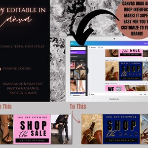 May include: A Canva screen showing a before and after example of a social media banner ad. The original banner ad is pink and white with the text "20% OFF SITEWIDE SHOP the SALE GET 20% OFF NOW". The edited banner ad is blue and gold with the text "20% OFF SITEWIDE SHOP the SALE GET 20% OFF NOW".