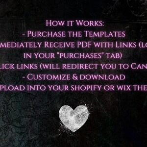 May include: Pink text on a dark background explains how to use Canva templates to create custom designs for Shopify or Wix websites. The text includes the words "How it Works", "Purchase the Templates", "Immediately Receive PDF with Links", "Click Links", "Customize & Download", and "Upload into your Shopify or Wix Theme". A white heart with a glittery texture is at the bottom of the image.