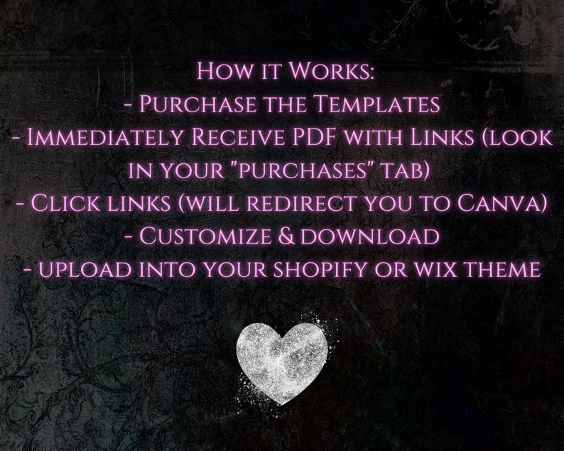 May include: Pink text on a dark background explains how to use Canva templates to create custom designs for Shopify or Wix websites. The text includes the words "How it Works", "Purchase the Templates", "Immediately Receive PDF with Links", "Click Links", "Customize & Download", and "Upload into your Shopify or Wix Theme". A white heart with a glittery texture is at the bottom of the image.