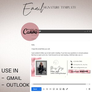 May include: Email signature template with a pink and gold design. The signature includes a photo of a woman wearing a black leather jacket, the text "Miss Jays", "Miss Jays Online Clothing Boutique", a phone number, an address, a website address, and social media icons.